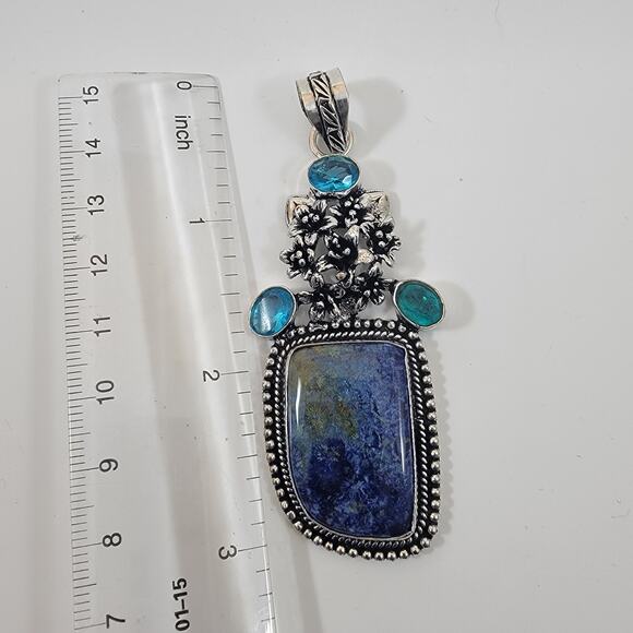 Blue Azurite Pendant with Sterling Silver Floral Design and Blue Topaz Accent - Picture 3 of 9